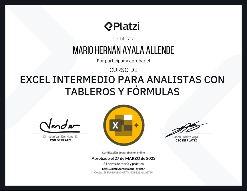 Diploma del Curso de Excel Intermedio para Analistas con Tableros y Fórmulas