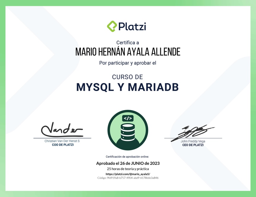 Diploma del Curso de Bases de Datos con MySQL y MariaDB