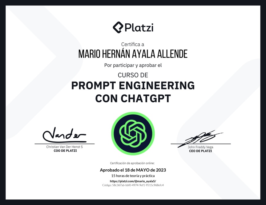 Diploma del Curso de Prompt Engineering con ChatGPT