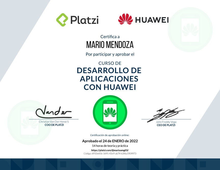 Diploma del Curso de Desarrollo de Aplicaciones con Huawei