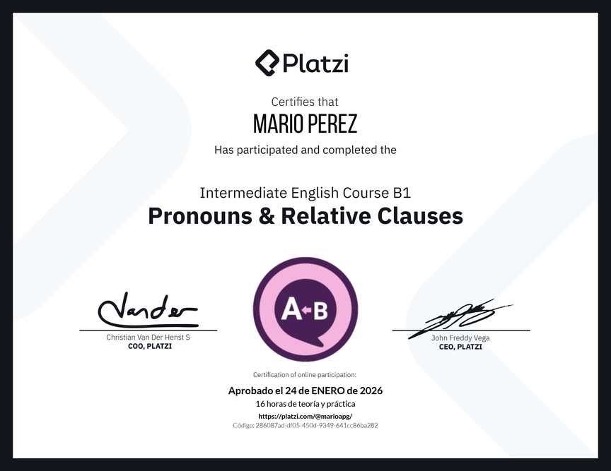 Diploma del Curso de Inglés Intermedio B1: Pronombres y Cláusulas Relativas