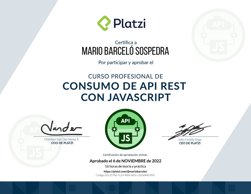 Diploma del Curso de API REST con Javascript: Performance y Usabilidad