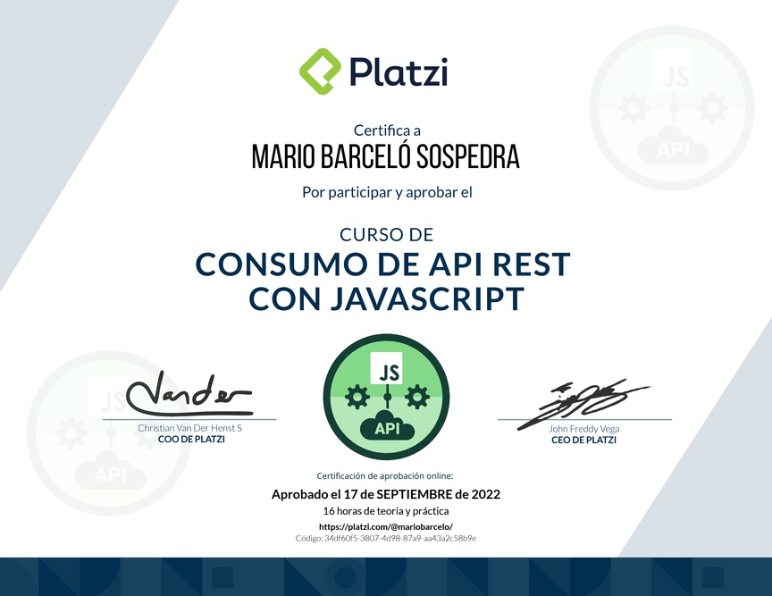 Diploma del Curso de API REST con Javascript: Fundamentos