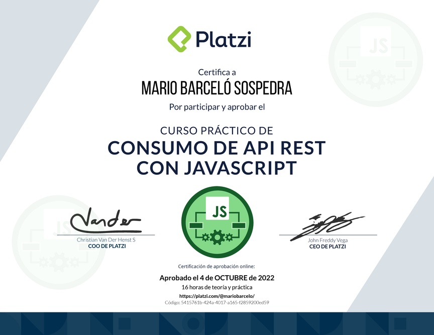 Diploma del Curso de API REST con Javascript: Ejemplos con APIs reales