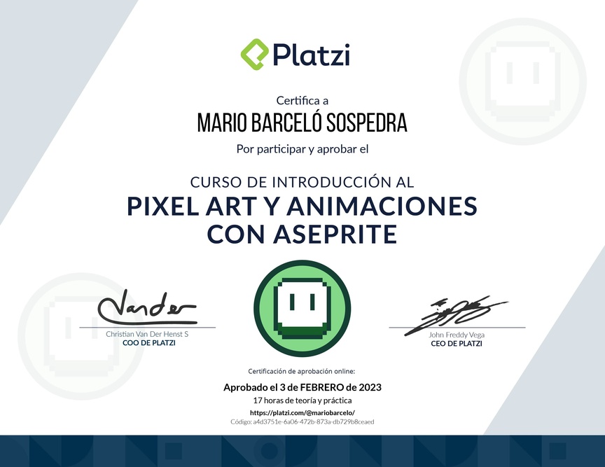 Diploma del Curso de Introducción al Pixel Art y Animaciones con Aseprite