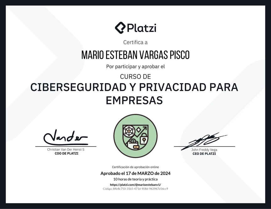 Diploma del Curso de Ciberseguridad y Privacidad Empresarial (2023)