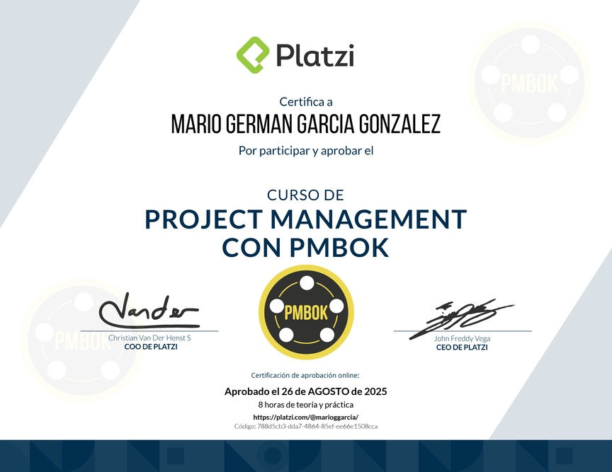 Diploma del Curso de Project Management con PMBOK