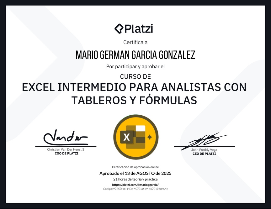 Diploma del Curso de Excel Intermedio para Analistas con Tableros y Fórmulas