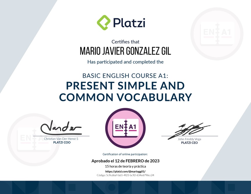 Diploma del Curso de Inglés Básico A1: Presente Simple y Vocabulario Común (2021)