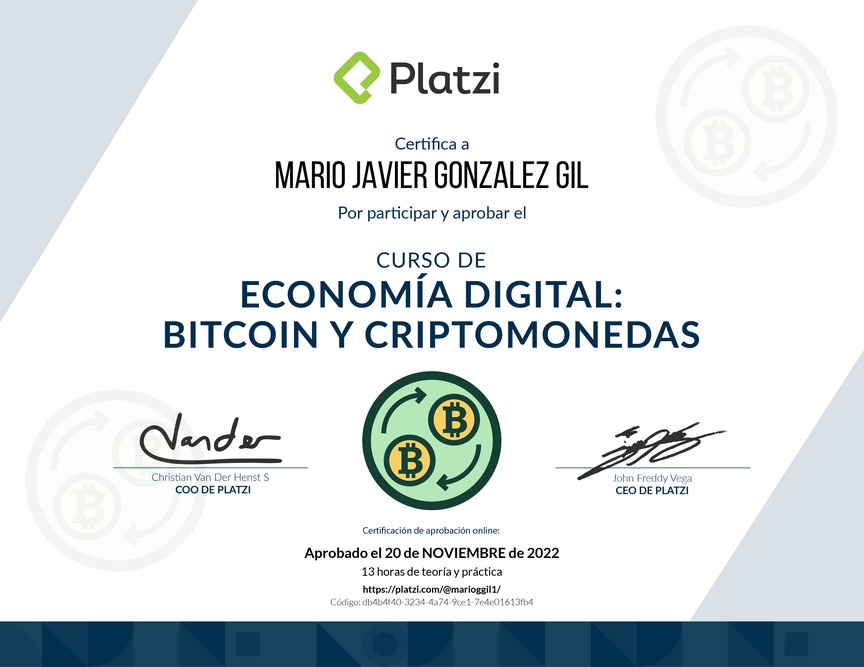 Diploma del Curso de Economía Digital: Bitcoin y Criptomonedas