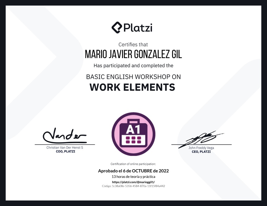 Diploma del Curso de Inglés Práctico sobre Elementos de Trabajo
