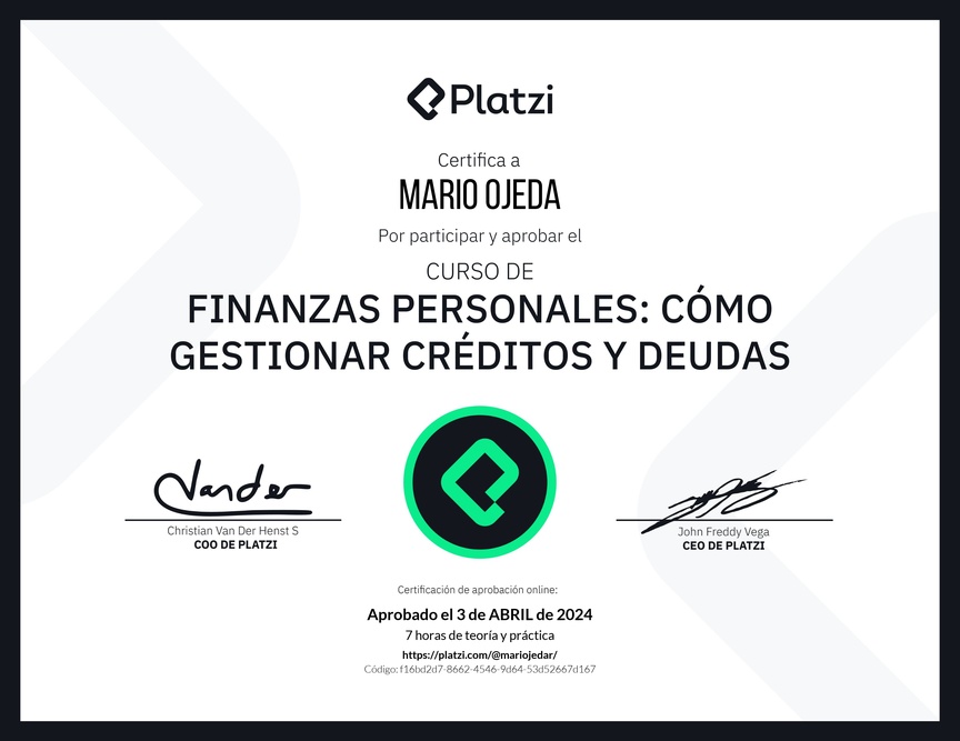 Diploma del Curso de Finanzas Personales: Cómo Gestionar Créditos y Deudas