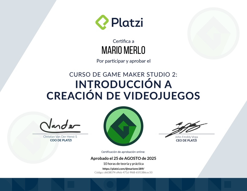 Diploma del Curso de Game Maker Studio 2: Introducción a Creación de Videojuegos
