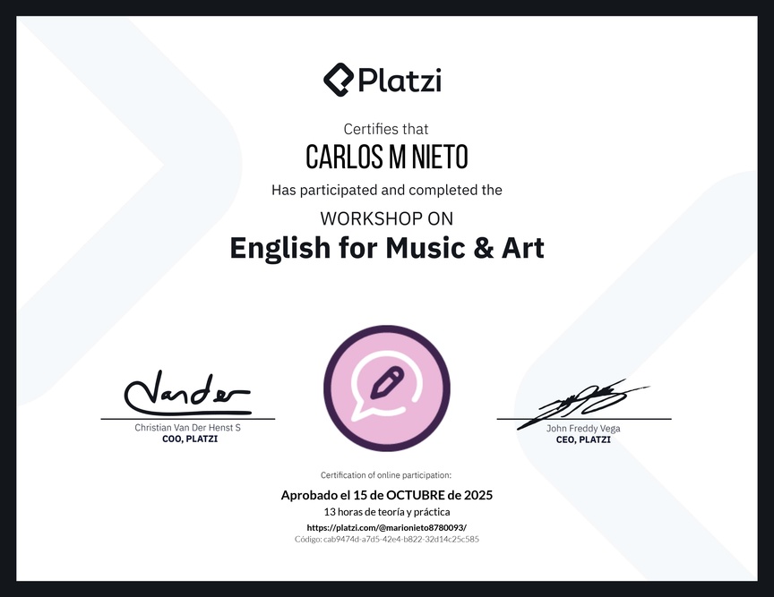 Diploma del Curso de Inglés Práctico sobre Vocabulario de Música y Arte
