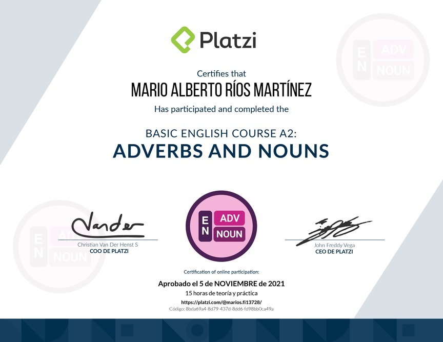 Diploma del Curso de Inglés Básico: Adverbios y Sustantivos (2021)