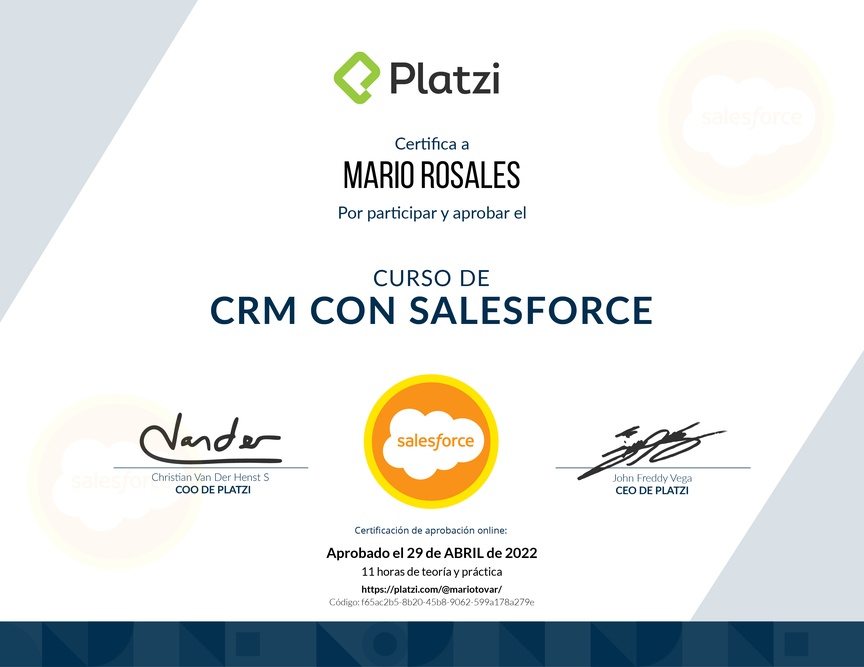 Diploma del Curso de CRM con Salesforce