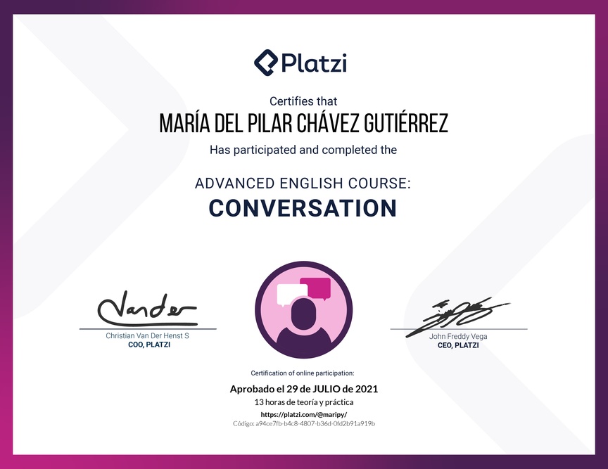 Diploma del Curso de Inglés Avanzado: Conversación 2020