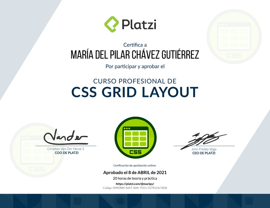 Diploma del Curso Profesional de CSS Grid Layout