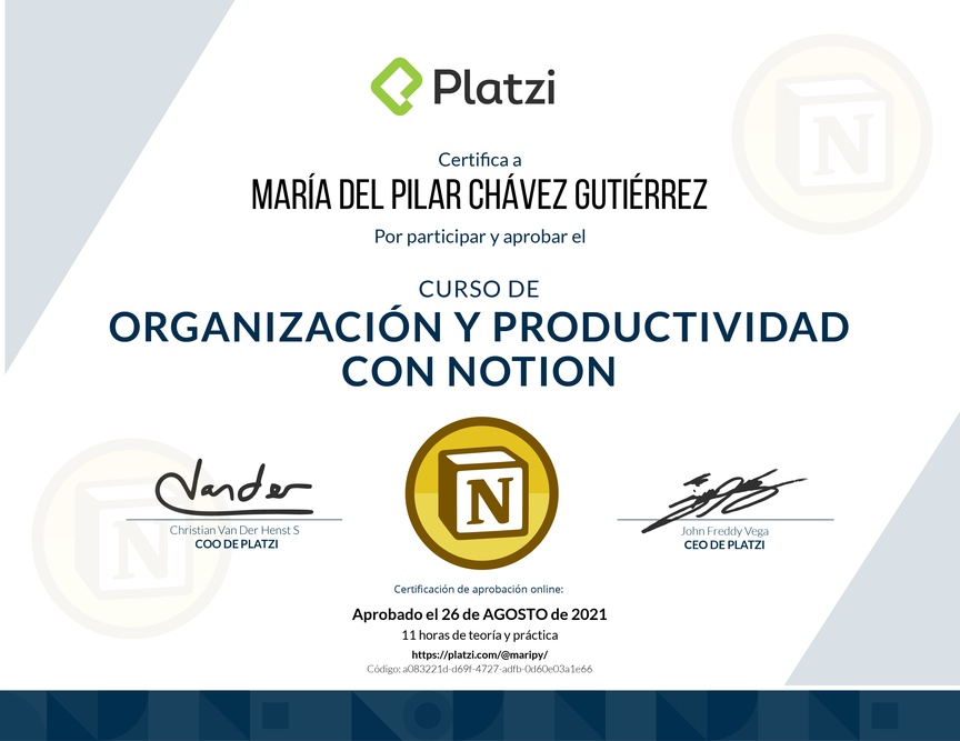 Diploma del Curso de Organización y Productividad con Notion (2021)
