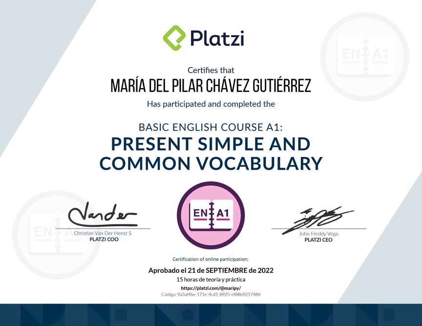 Diploma del Curso de Inglés Básico A1: Presente Simple y Vocabulario Común (2021)