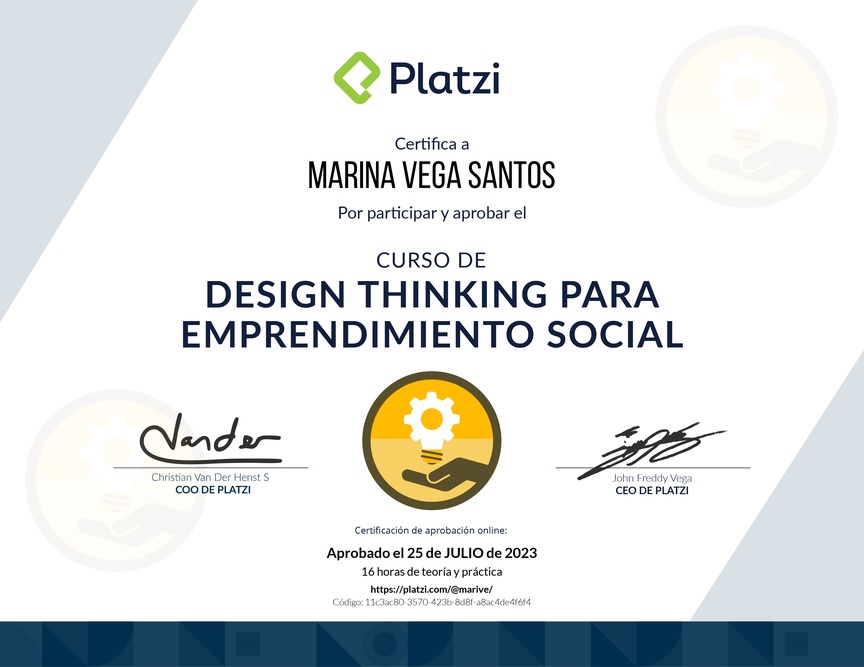 Diploma del Curso de Innovación para Empredimiento Social Usando Design Thinking y MVPs