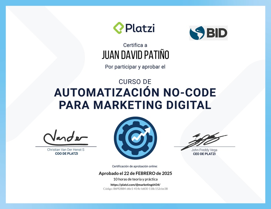 Diploma del Curso para Crear Automatizaciones No-Code para Marketing Digital