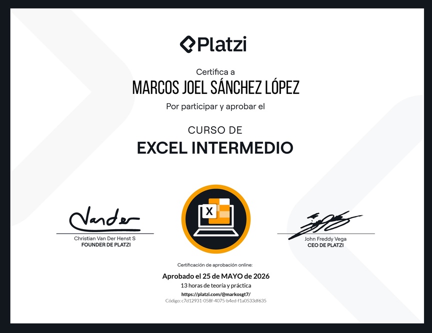Diploma del Curso de Excel Intermedio