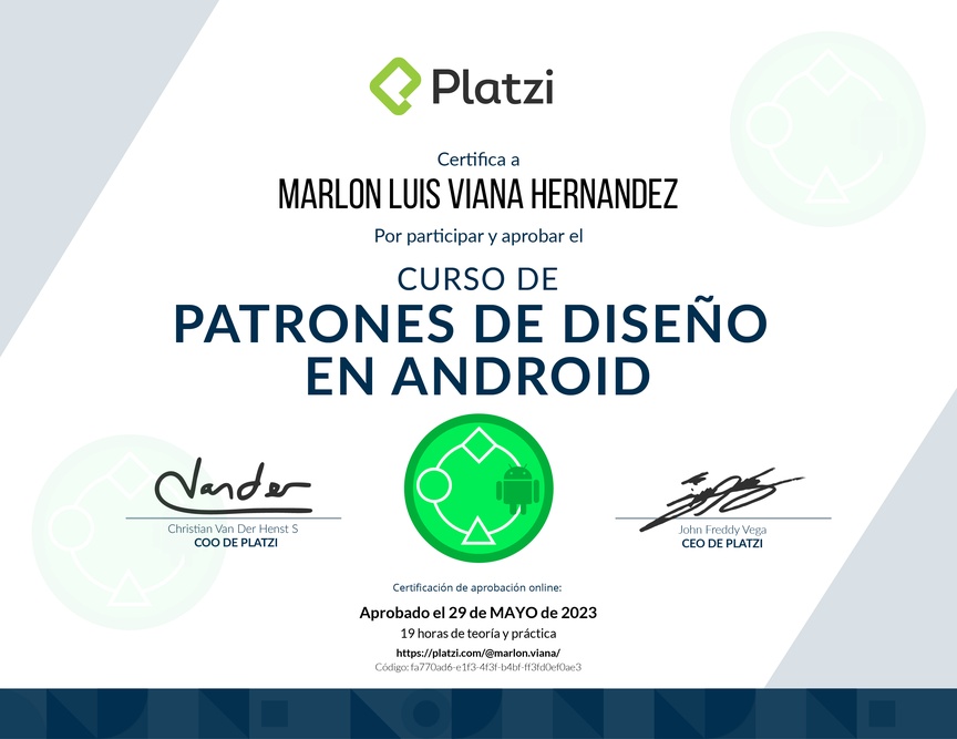Diploma del Curso de Patrones de Diseño en Android