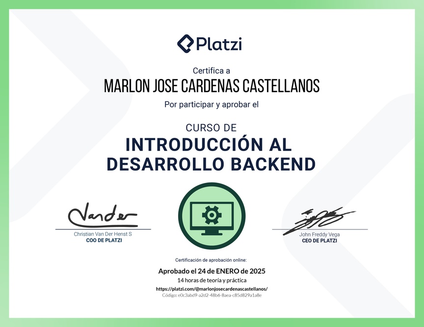 Diploma del Curso de Introducción al Desarrollo Backend