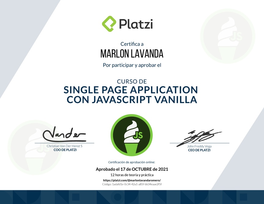Diploma del Curso de Single Page Application con JavaScript Vanilla