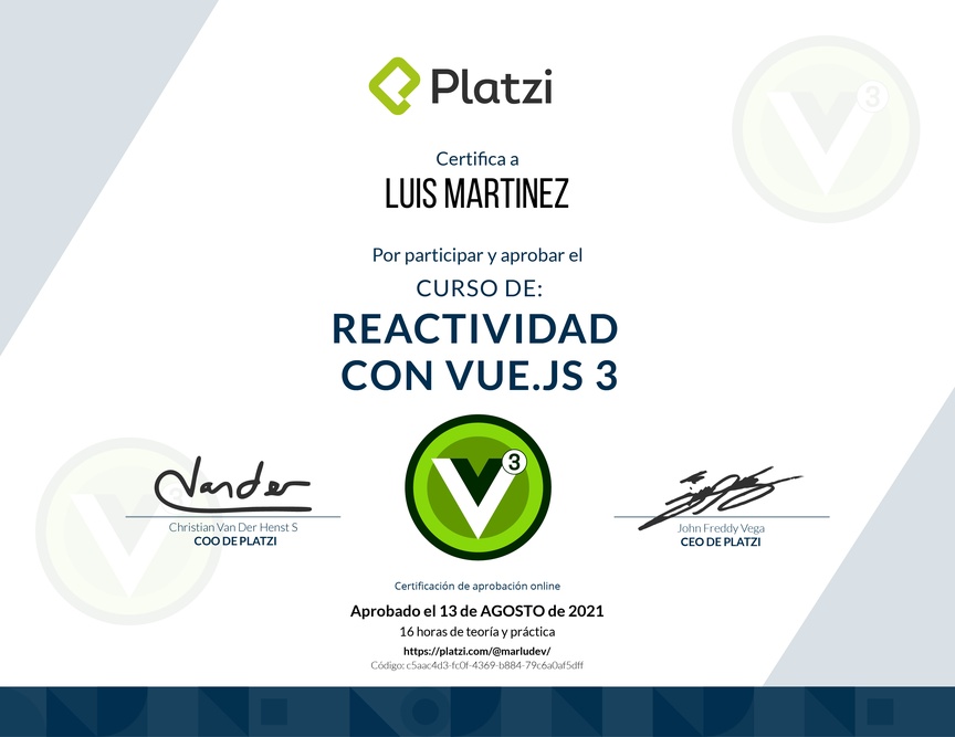 Diploma del Curso de Reactividad con Vue.js 3