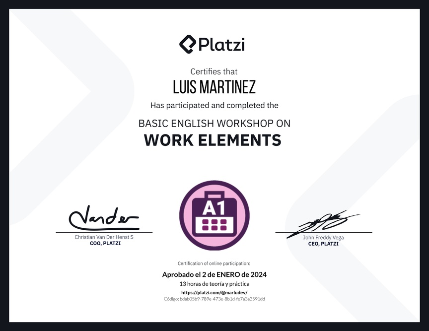 Diploma del Curso de Inglés Práctico sobre Elementos de Trabajo