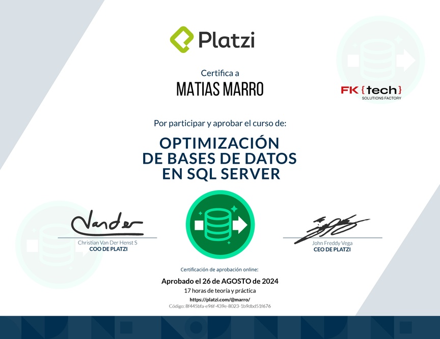 Diploma del Curso de Optimización de Bases de Datos en SQL Server