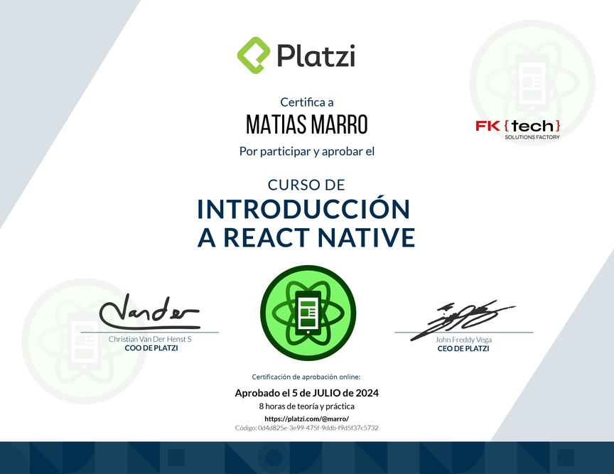 Diploma del Curso de Introducción a React Native