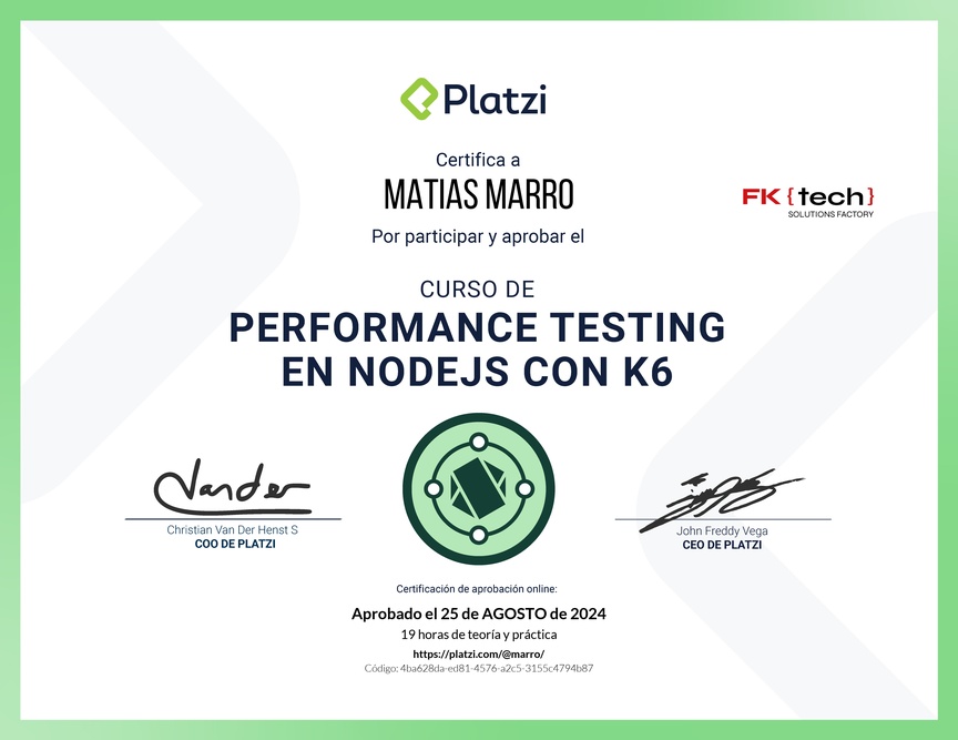 Diploma del Curso de Performance Testing en Node.js con K6