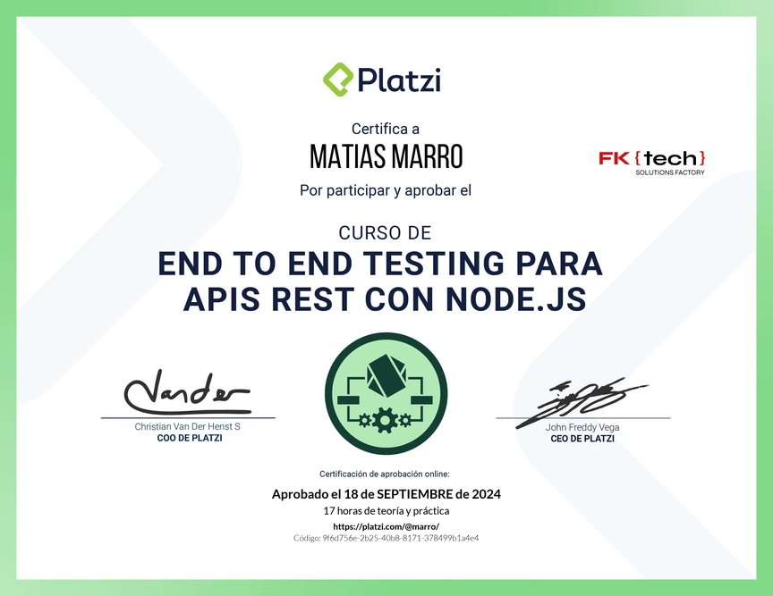 Diploma del Curso de End to End Testing para APIs REST con Node.js