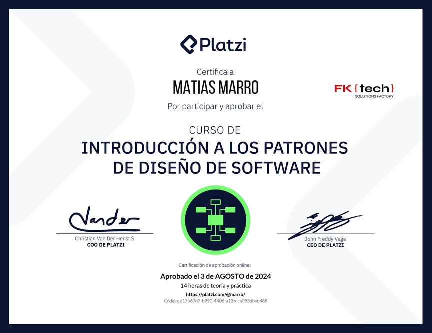 Diploma del Curso de Introducción a los Patrones de Diseño de Software