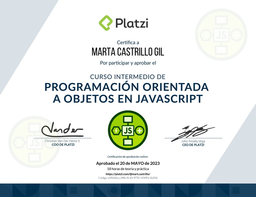 Diploma del Curso Intermedio de Programación Orientada a Objetos en JavaScript