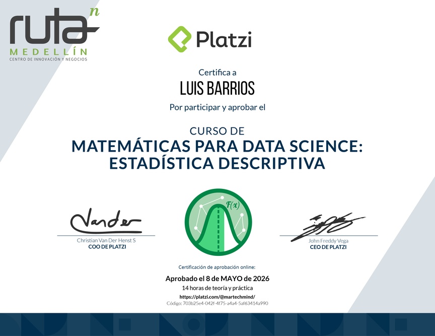Diploma del Curso de Matemáticas para Data Science: Estadística Descriptiva