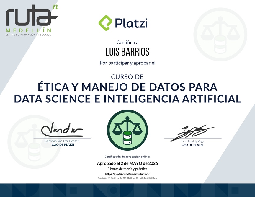 Diploma del Curso de Ética y Manejo de Datos para Data Science e Inteligencia Artificial