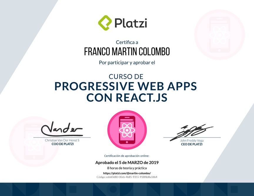 Diploma del Curso de Progressive Web Apps con React.js
