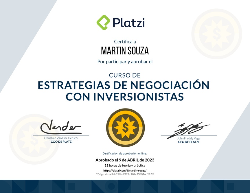 Diploma del Curso de Estrategias de Negociación con Inversionistas
