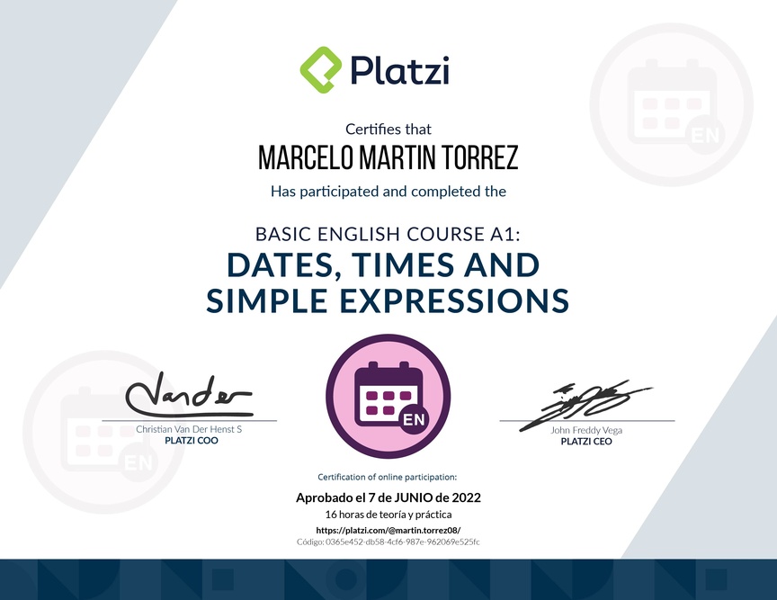 Diploma del Curso de Inglés Básico A1: Fechas, Horas y Expresiones Simples