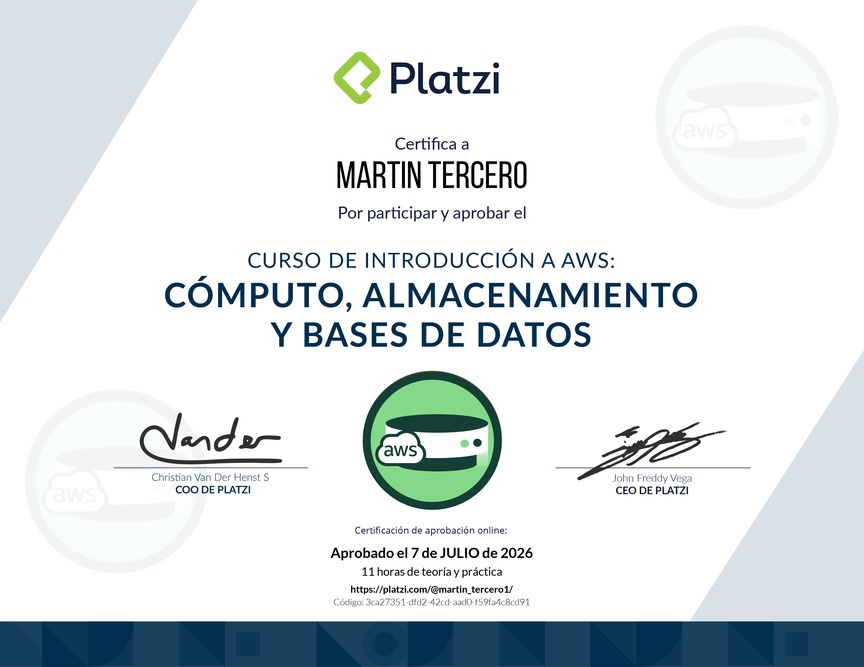 Diploma del Curso de Introducción a AWS: Cómputo, Almacenamiento y Bases de Datos