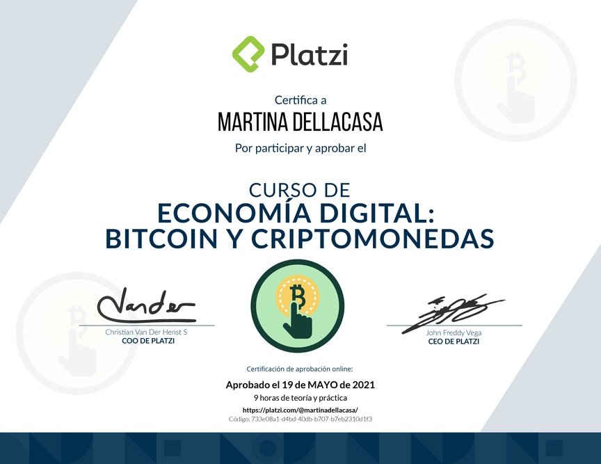 Diploma del Curso de Lectura Economía Digital: Bitcoin y Criptomonedas