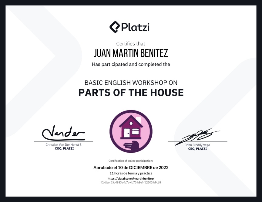 Diploma de Taller de Inglés Básico sobre las Partes de la Casa (2022)