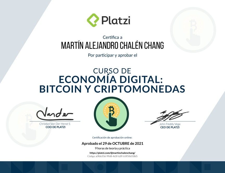 Diploma del Curso de Lectura Economía Digital: Bitcoin y Criptomonedas