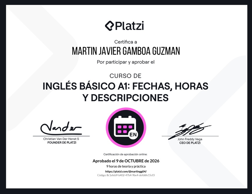 Diploma del Curso de Inglés Básico A1: Fechas, Horas y Descripciones