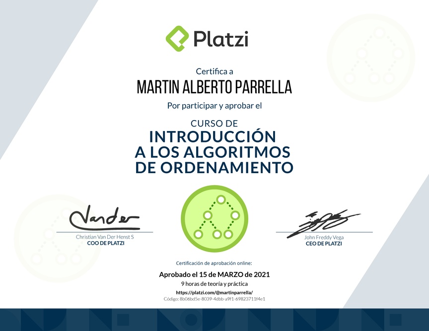 Diploma del Curso de Introducción a los Algoritmos de Ordenamiento