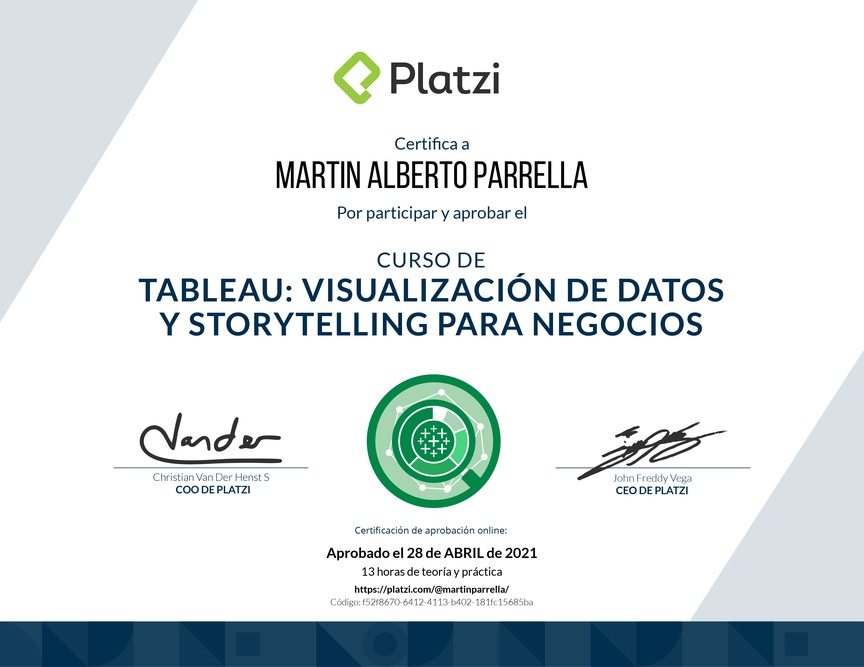 Diploma del Curso de Tableau: Visualización de Datos y Storytelling para Negocios
